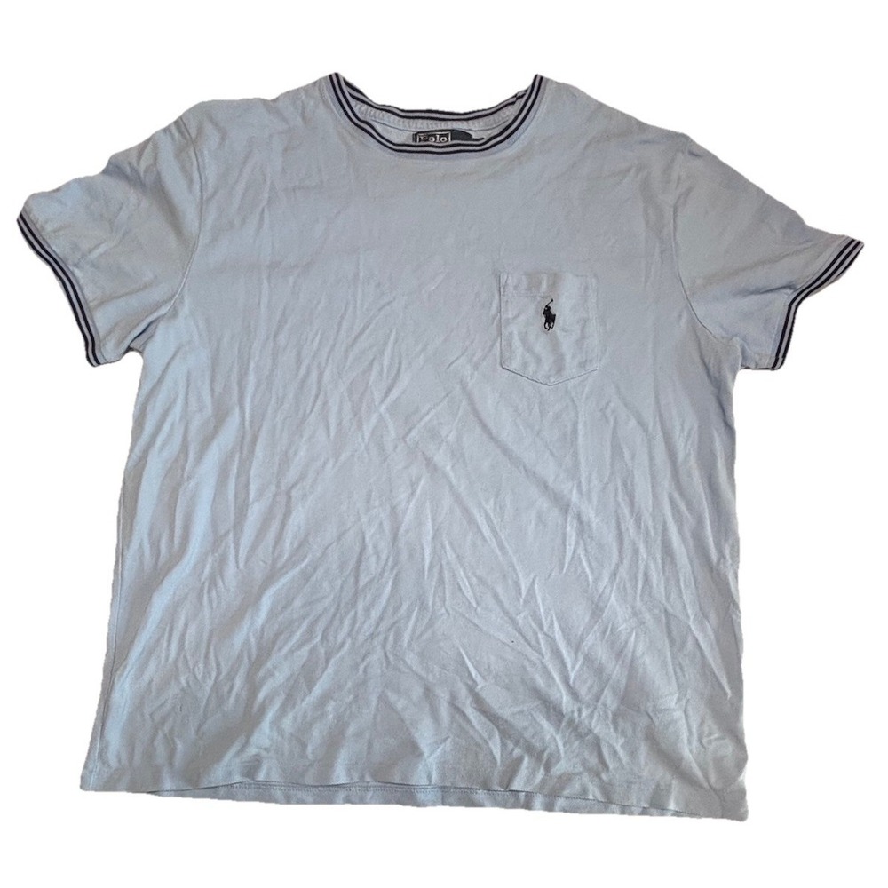 Vintage Polo Ralph Lauren XL Single Stitch Ringer Pocket T-Shirt Pony Logo Blue